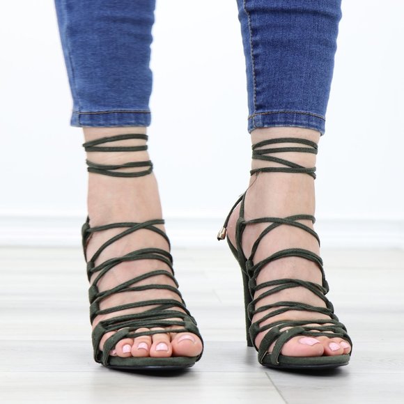 Cute Strappy Olive Faux Suede Open Toe Needle High Heel Stiletto Sandals - Picture 4 of 14
